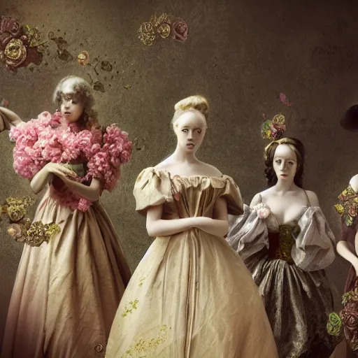 Prompt: 8k, octane render, realism, tonalism, renaissance, rococo, baroque, group of creepy young ladies wearing long flowers and skull dress, harajuku manga, background chaotic gold leaf flowers