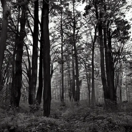 Prompt: a dark forest somewhere in usa, old forgotten photo