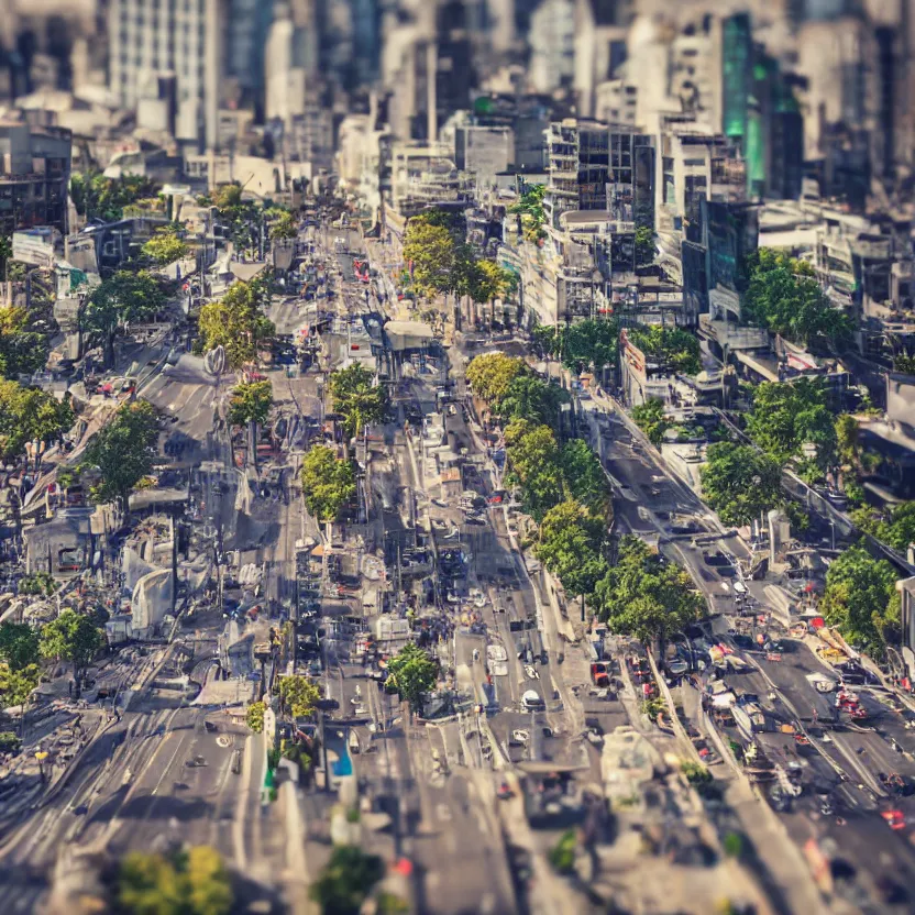 Image similar to tilt - shift photography of a busy street in a futuristic city on venus