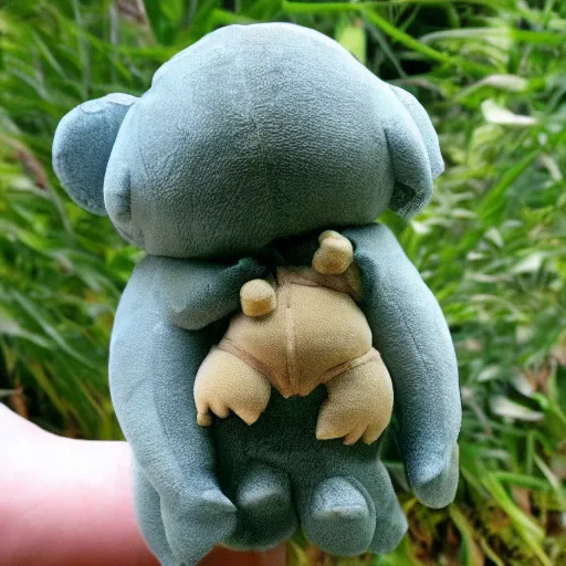 Image similar to plush tardigrade doll in the arms of an angel. Cute water bear. Adorable moss piglet.