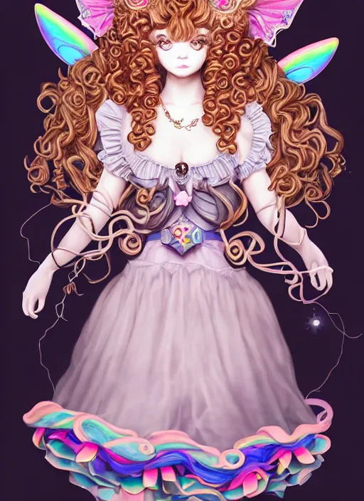 Prompt: dark fantastic illustration of beautiful cat girl witch with a robot, curls hair, rococo ruffles dress, rosette, symmetrical face, pastel rainbow, pearlescent, cute, fairy, rim light, by mai yoneyama, rolua, detailed background,, artstation, concept art, highly detailed, colorful, maximalist