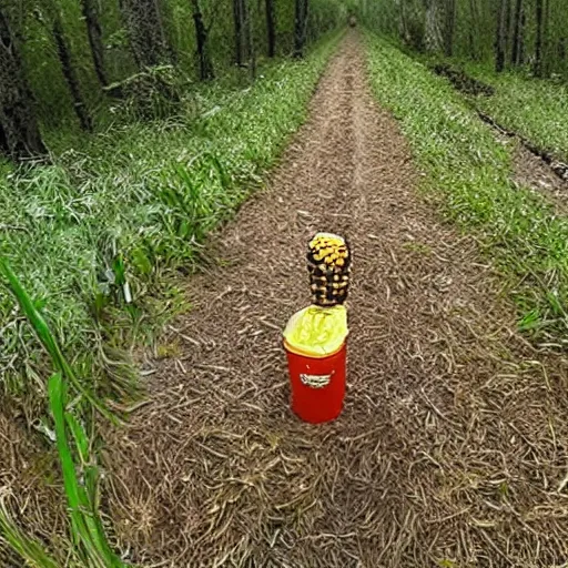 Prompt: trail cam footage of ominous floating corn cobs