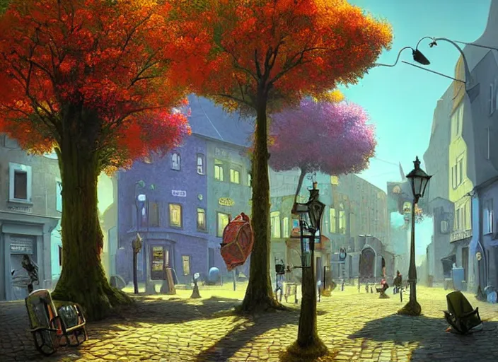 Image similar to dublin townsquare, summer morning, very coherent and colorful high contrast, art by gediminas pranckevicius, dark shadows, hard lighting