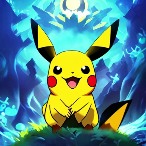 Image similar to a poster of pikachu in the style of ori and the blind forest