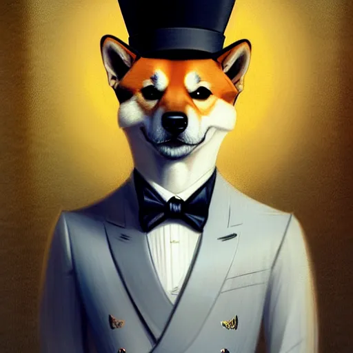 Prompt: portrait painting of a cute shiba inu gentleman with top hat, ultra realistic, concept art, intricate details, eerie, highly detailed, photorealistic, octane render, 8 k, unreal engine. art by artgerm and greg rutkowski and charlie bowater and magali villeneuve and alphonse mucha