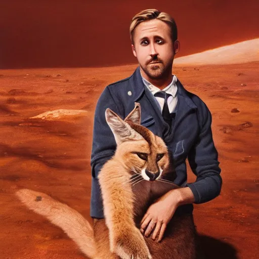 Image similar to Ryan Gosling holding a cute caracal on a mountain on mars, cinematic angle, studio Ghibli, cinematic lighting, detailed oil painting, hyperrealistic, 8k