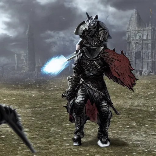 Image similar to Dark souls style dog riding an armored horse into a boss battle.