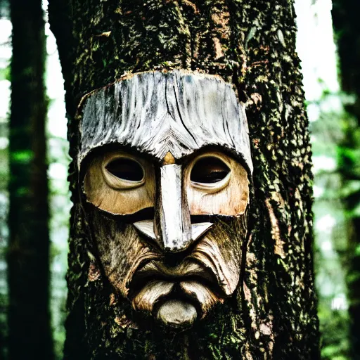 Prompt: portrait of a forest hermit wearing a driftwood mask in an ominous forest, photography