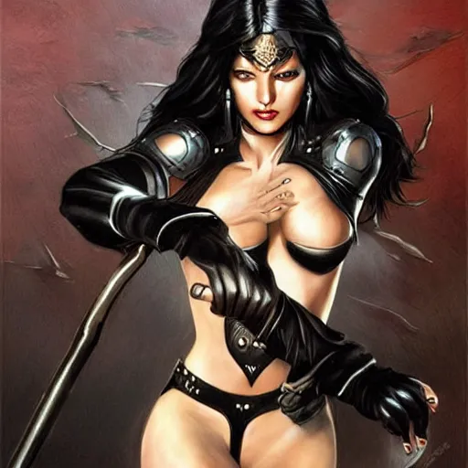 Image similar to a beautiful warrior woman with dark hair, wearing black catsuit and plates of black body armour, she is holding a long staff, detailed face, smooth, sharp focus, graphic novel, art by stanley lau artgerm,