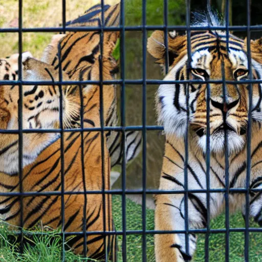 Prompt: lion and a tiger roaring in cage at the zoo