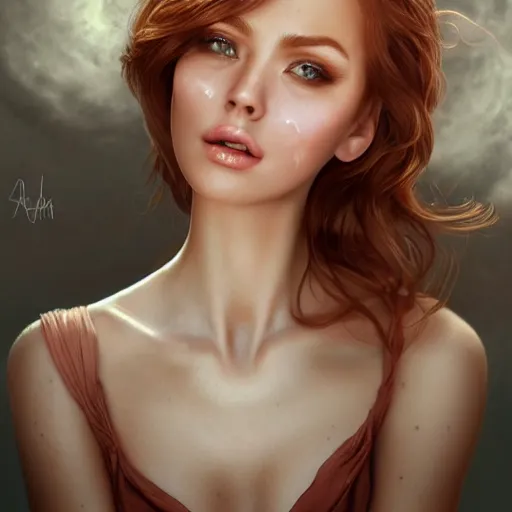 Prompt: a gorgeous female photo, professionally retouched, soft lighting, wearing sundress, illuminated by moonlight realistic, smooth face, redhead, light freckles, perfect eyes, wide angle, sharp focus on eyes, 8 k high definition, insanely detailed, intricate, elegant, art by artgerm and wlop