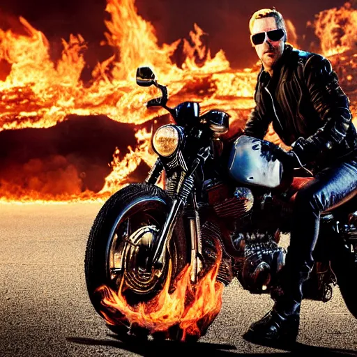 Image similar to An epic movie poster of Ryan Gosling playing Ghost Rider, with Ryan Gosling sitting on a motorcycle with flames and chains on a desert road fire balls. Sharp. HD. 4K. 8K