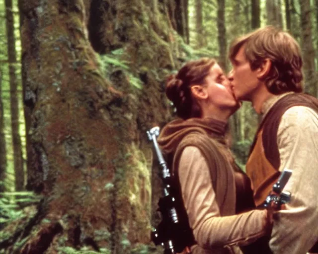 Image similar to luke skywalker, princess leia and han solo hugging and kissing in the forest of endor at the end of return of the jedi