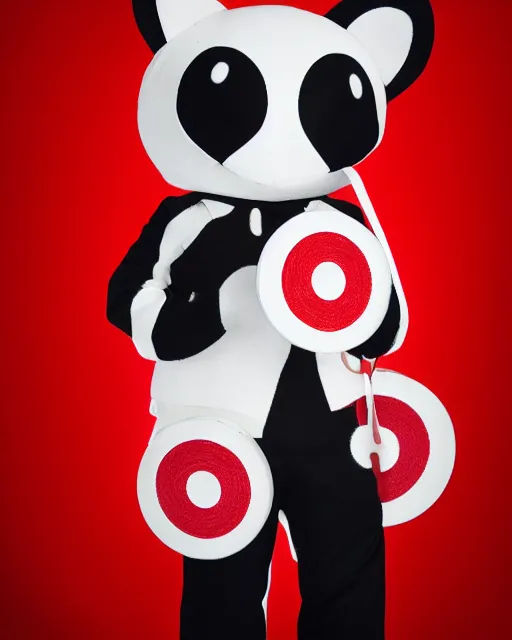 Prompt: target mascot bullseye in front of target logo artistic ad campaign Portrait photo Leica Zeiss