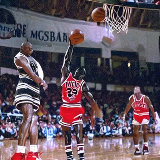 Prompt: small goblin dunking on Michael Jordan in basketball