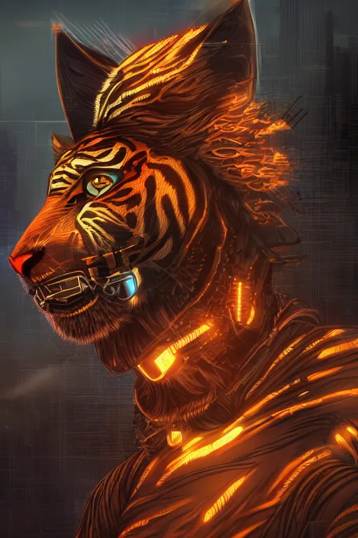 Image similar to an anthropomorphic cyberpunk tiger, backlighting, trending on artstation, digital art, furry art, trending on furaffinity, fantasy art, by kawacy