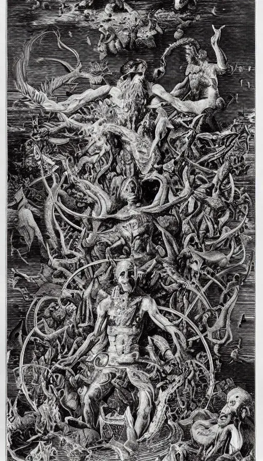 Image similar to man on boat crossing a body of water in hell with creatures in the water, sea of souls, by ernst haeckel