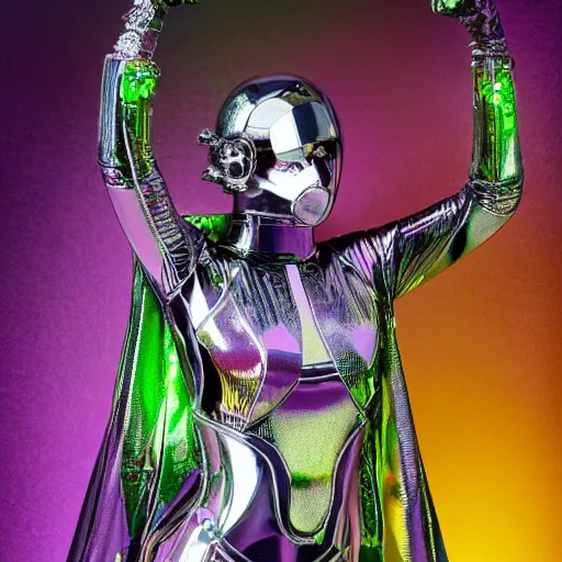 Prompt: hi - fructose mag photo, inside a futuristic detailed alien jungle made out of shiny reflective chrome, futuristic android with limbs made out of stretchy rubber tubing mixed with shiny colorful giant intricate detailed chrome gauntlets and chest piece and discoball mask, wearing a long purple velvet cape, fog and mist