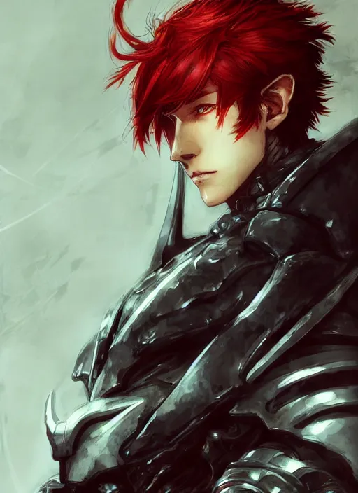 Prompt: Half body portrait of a handsome red haired elven prince with dragon eyes in light armour and a spear. In style of Yoji Shinkawa and Hyung-tae Kim, trending on ArtStation, dark fantasy, great composition, concept art, highly detailed.