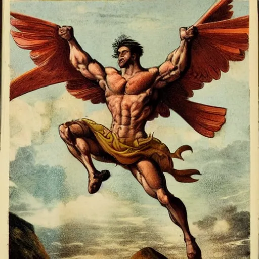 Image similar to a muscular heroic man riding a giant eagle