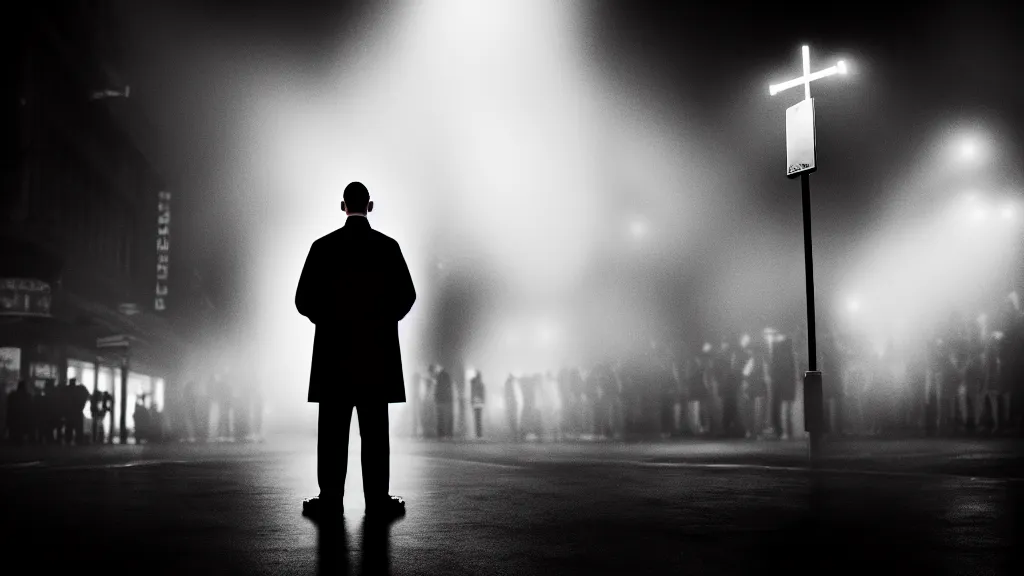 Image similar to a priest stands on a podium in front of a crowd on the street, fog, volumetric lighting, mystique, atmospheric, sharp focus, ultra detailed, noir art house, 4 k, cinematic, 3 5 mm