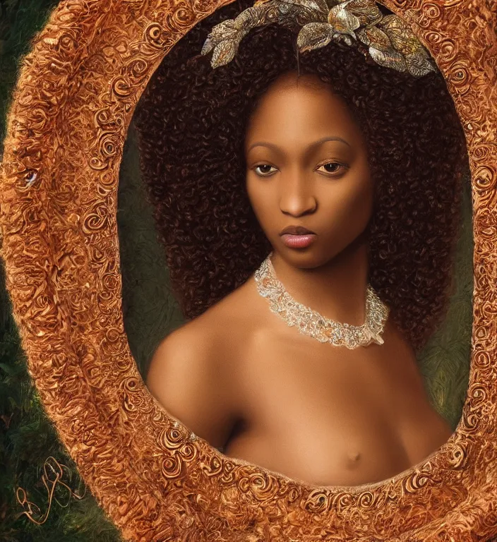 Image similar to a breathtakingly stunningly beautifully highly detailed portrait of a afro queen, ornately framed, by rosetti and devinci and michael cheval and sidney cooper and turner, 4 k