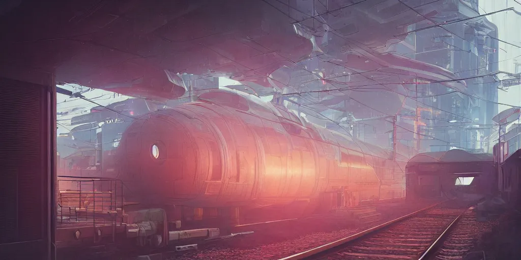 Image similar to a man standing in front of a train on a train track, cyberpunk art by mike winkelmann, trending on cgsociety, retrofuturism, reimagined by industrial light and magic, darksynth, sci - fi