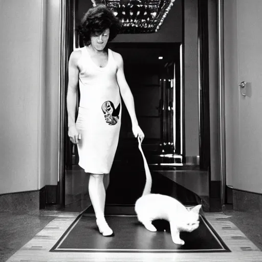 Image similar to detailed professional photographic portrait of Sigourney Weaver wearing a white singlet and her cat moving apartment New York City 1983, building entrance way Art Deco,, cinematic feel, high octane