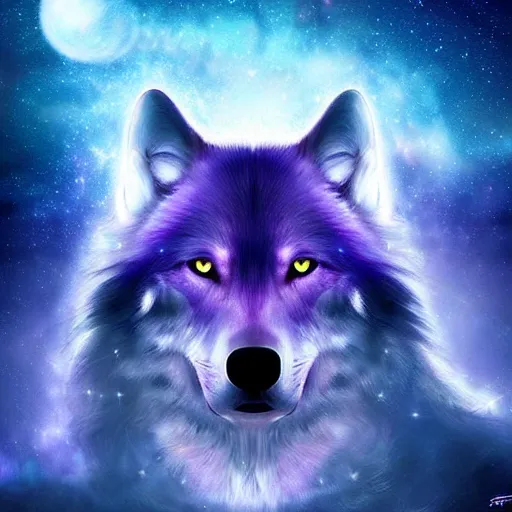 Image similar to of a fantasy sky of purple and blue a wolves face is the whole of sky with 5 0 % opacity and there are stars and galaxy ’ s and his eyes are piercing digital art epic cinematic lighting detailed