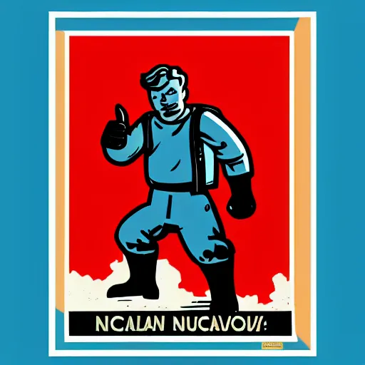 Image similar to fallout 4 vault boy thumbs up, nuclear war, soviet era propaganda poster, illustration