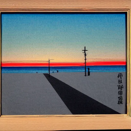 Image similar to A road by the sea, as the sun sets on the horizon, in the style of kawase hasui