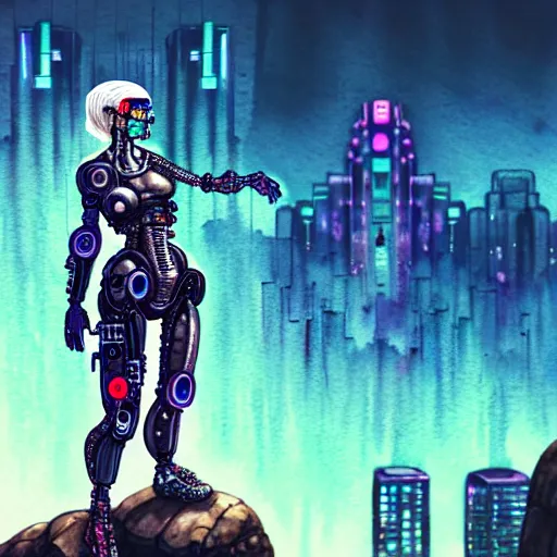 Prompt: old cyborg woman standing on a rock overlooking the cyberpunk future, high detailed, super high resolution, artistic, masterpiece fine details, rough vibrant watercolor painting