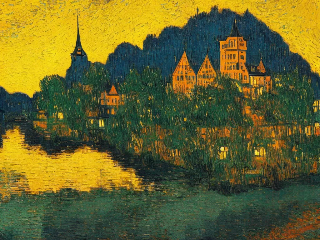 Image similar to trending on artstation, a beautiful German castle next to a river during sunset, oil on canvas, in the style of Vincent van Gogh