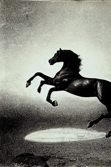 Prompt: an 1800s photo of a horse hovering off the ground