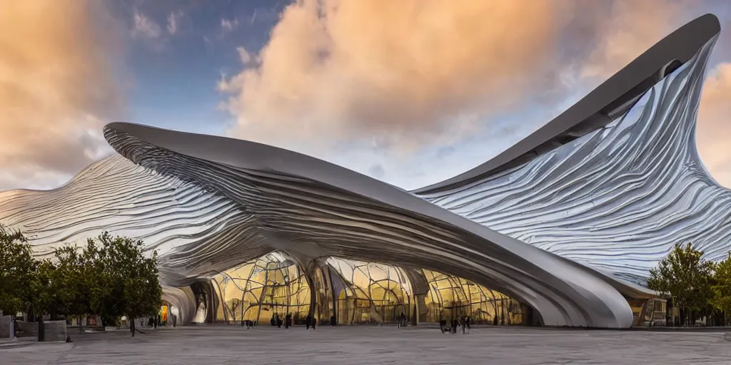 Image similar to extremely detailed ornate stunning sophisticated beautiful elegant futuristic museum exterior by Zaha Hadid, stunning volumetric light, sunset, concrete ant translucent material, stunning skies, 8k dragonfly structural pattern