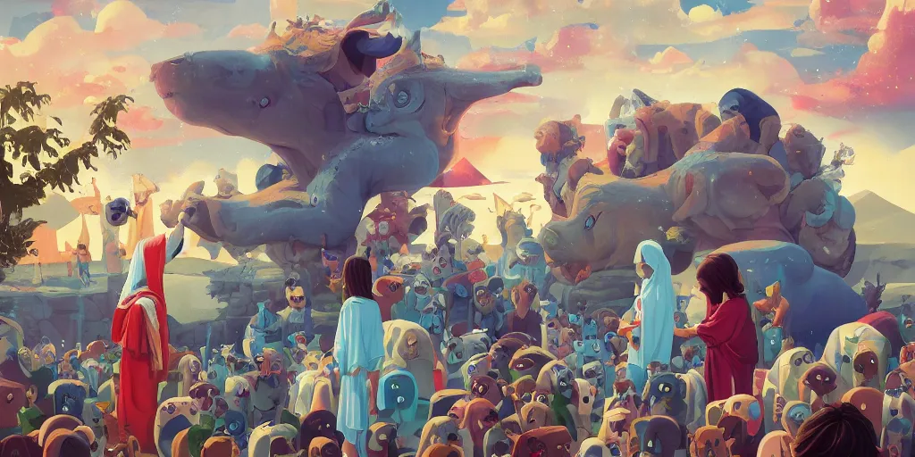 Prompt: Painting scene of jesus corgi blessing humans, by Goro Fujita, tristan eaton, Tom Bagshaw, Hayao Miyazaki, trending on Artstation, 8k, masterpiece, graffiti paint, fine detail, full of color, intricate detail, corgi, fantasy painting