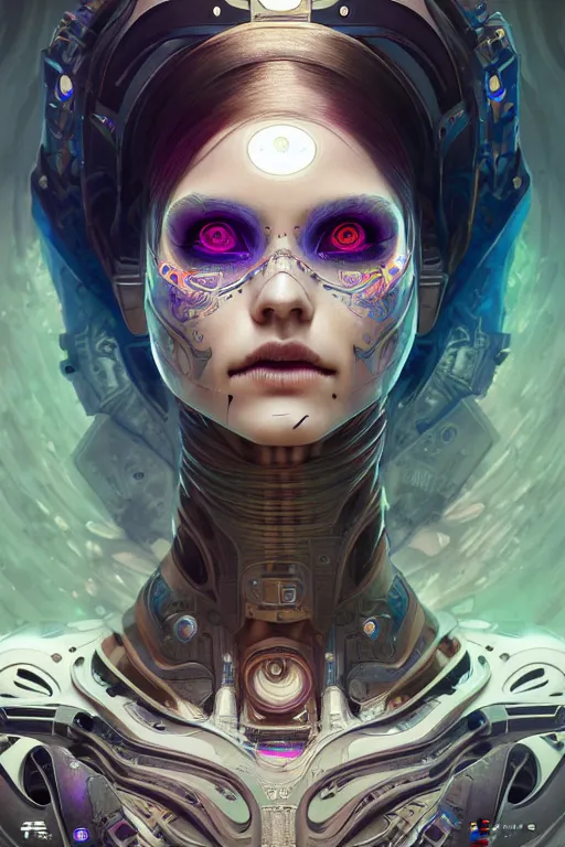 Prompt: portrait of ultra detailed female android goddess, scifi, fantasy, octane render, dia de los muertos, intricate concept art, beautiful eyes, triadic color scheme, art by artgerm and kuciara and greg rutkowski and alphonse mucha and loish and wlop