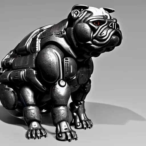 Image similar to « a cyborg bulldog sitting down, cyberpunk art by grillo demo, cgsociety, computer art, future tech, made of liquid metal, sketchfab »