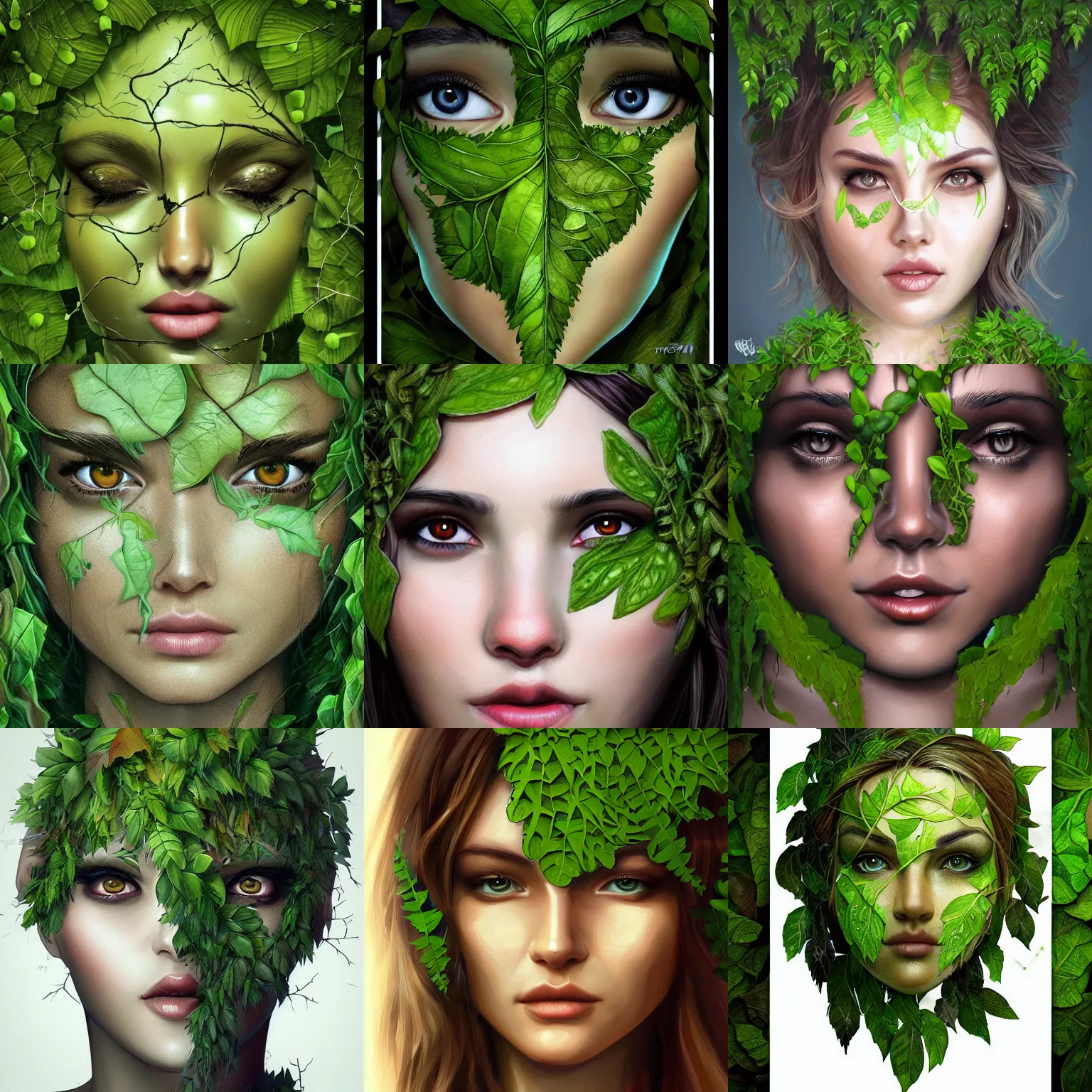 Prompt: closeup portrait of a leaf face made of leaves, vines, foliage, moss, concept art by Artgerm
