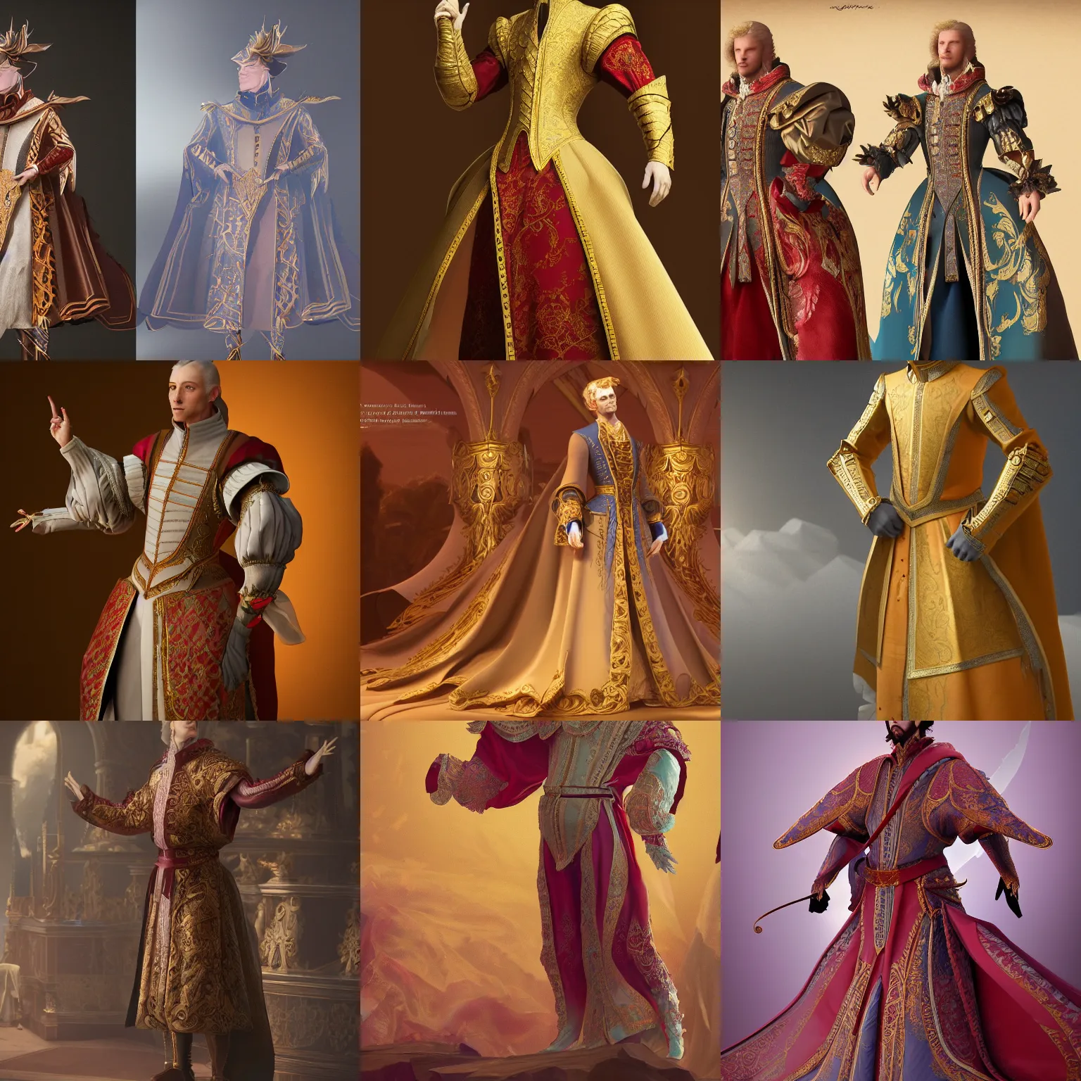 Prompt: concept art of a male nobles clothes in the renaissance. extravagant. extremely lavish. flowing silk. fantasy. 8 k. volumetric lighting. octane render. trending on artstation