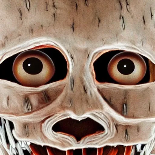 Image similar to Closeup of a humanoid creature's face with large fangs, it has transparent skin, white skin, creepy pasta, realistic