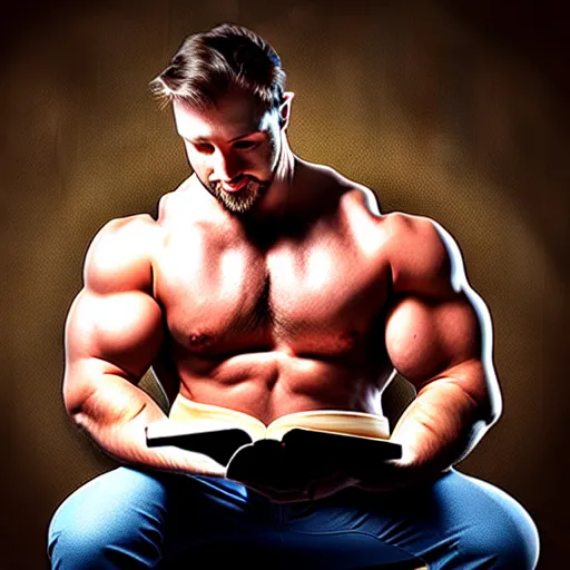 Image similar to strong buff man reading a book , award winning photograph , HD , 4k