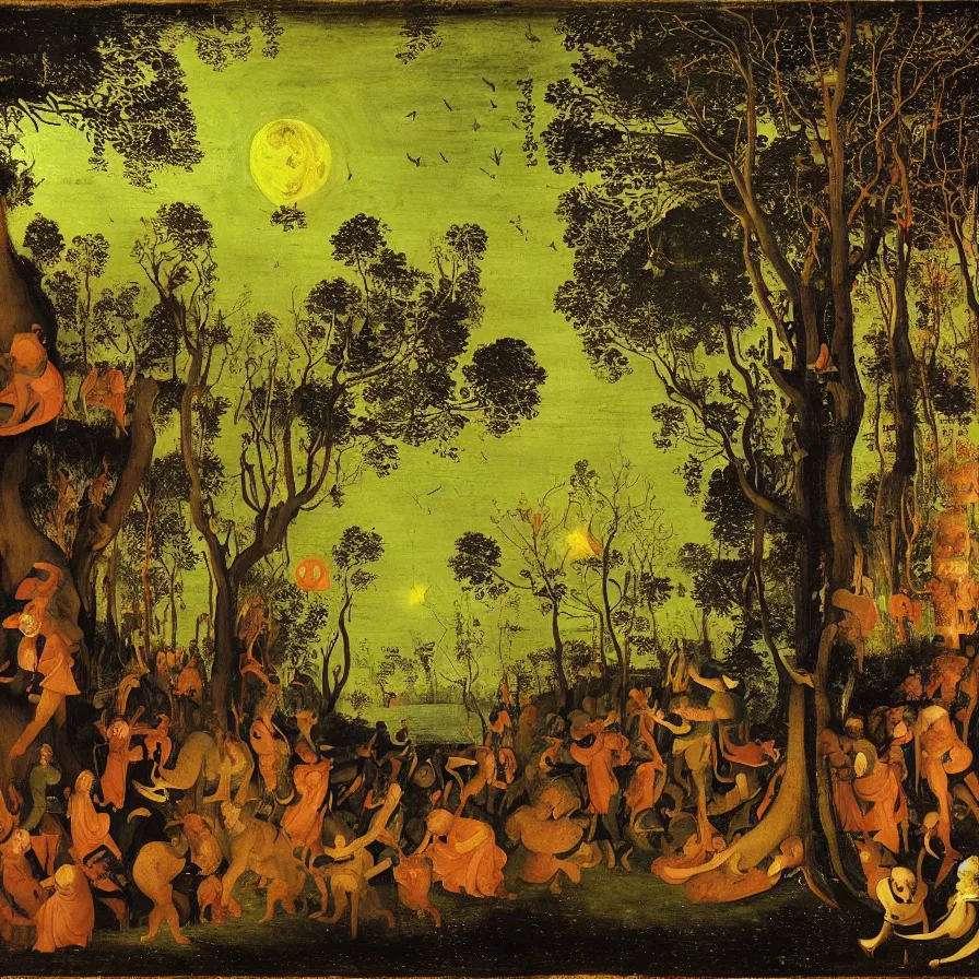 Image similar to renaissance painting of a night carnival around a magical tree cavity, with a surreal orange moonlight and fireworks in the background, next to a lake with iridiscent water, christmas lights, folklore animals and people disguised as fantastic creatures in a magical forest by summer night, masterpiece painted by jan van goyen, scene by night, dark night environment, refraction lights, glares