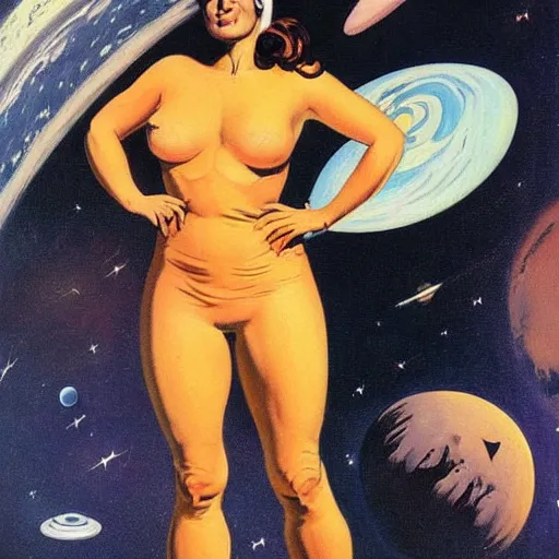 Prompt: curvy female astronaut at the space academy, painting by frank frazetta