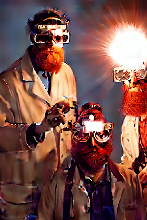 Image similar to a person with 3 eyes, person with a 3rd eye in the middle of their forehead, an awkwardly tall scientist with 3 eyes and a tangled beard and unruly red hair atop his balding head wearing a headlamp a labcoat and welding goggles and holding a beaker, led headlamp, high resolution film still, movie by Ivan Reitman