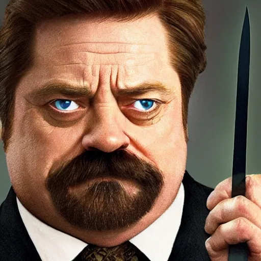 Image similar to ron swanson is a white haired, bearded dwarven cleric carrying a holy symbol in his right hand and a holy sword in his left hand