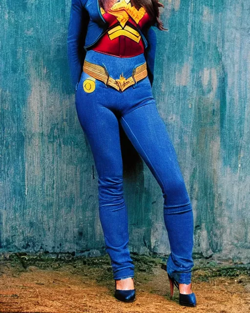 Image similar to a Chimpanzee, dressed as Wonder Woman, is wearing tight fit Blue Jean pants, photographed in the style of Annie Leibovitz, photorealistic