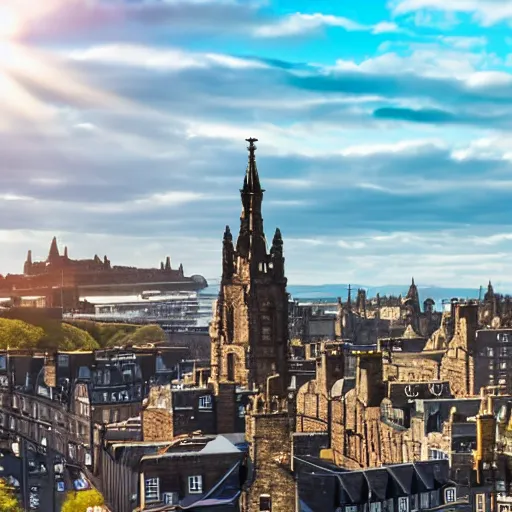 Prompt: Cityscape view of Edinburgh but underwater, sharp focus, sun rays through the water