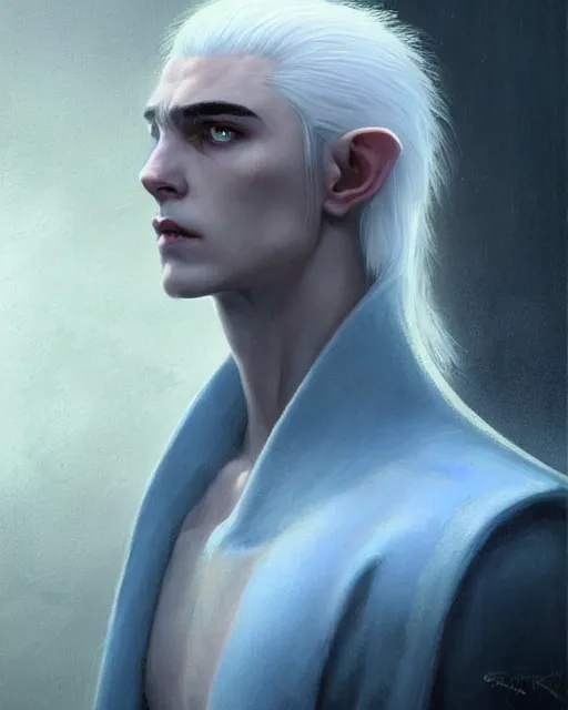 Image similar to character portrait of a slender young half elven man with white hair and eyebrows, piercing bright blue eyes, and pale bluish skin, by greg rutkowski, mark brookes, jim burns, tom bagshaw, trending on artstation