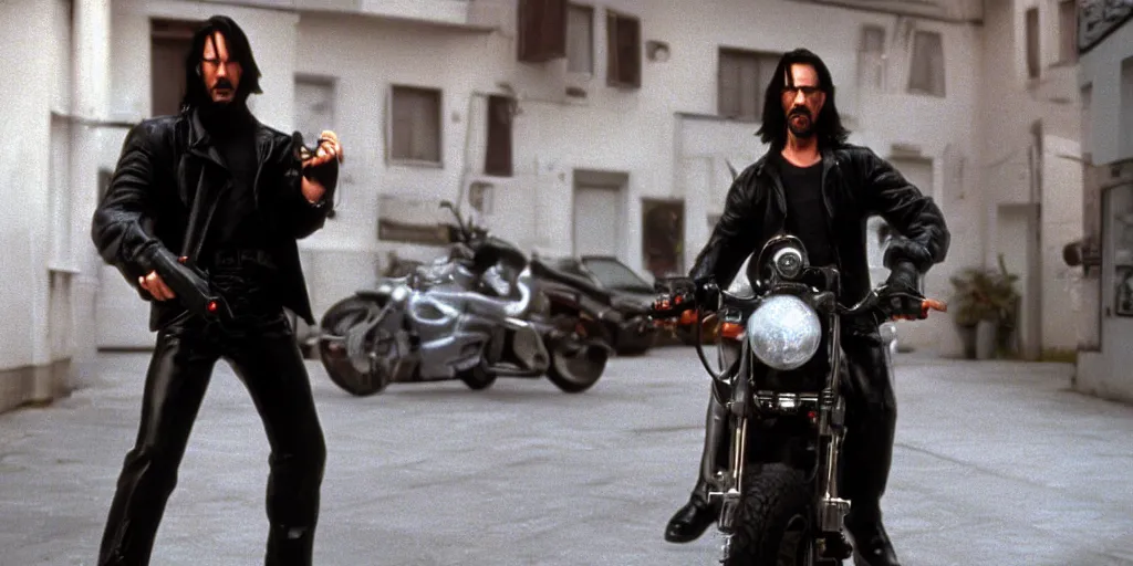 Image similar to beautiful hyperrealism three point perspective film still of Keanu Reeves as neo with machine gun in a motorcycle chase scene in Matrix(1990) extreme closeup portrait in style of 1990s frontiers in translucent porclein miniature street photography seinen manga fashion edition, miniature porcelain model, focus on face, eye contact, tilt shift style scene background, soft lighting, Kodak Portra 400, cinematic style, telephoto by Emmanuel Lubezki